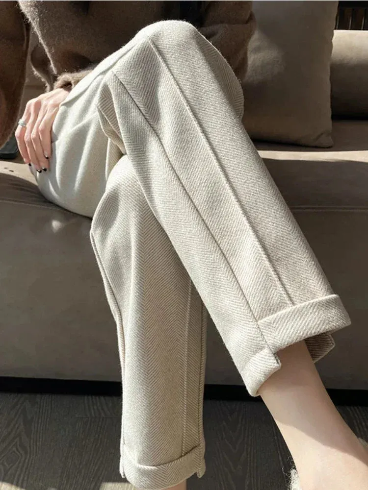 Women's High-Waisted Tweed Herringbone Pants, Ankle-Length, Regular Fit, Casual Style