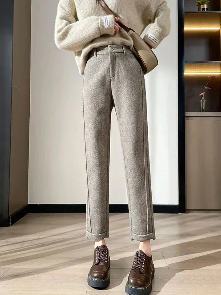 Women's High-Waisted Tweed Herringbone Pants, Ankle-Length, Regular Fit, Casual Style