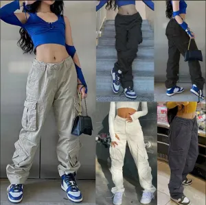 Women’s Loose Fitting Long Cargo Pants with High Waist