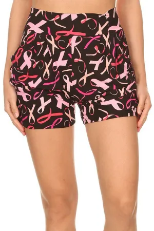 Women’s Regular Breast Cancer Ribbon Printed Pleated Pockets Harem Shorts