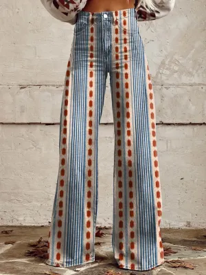 Women's Retro Pattern Print Casual Wide Leg Pants