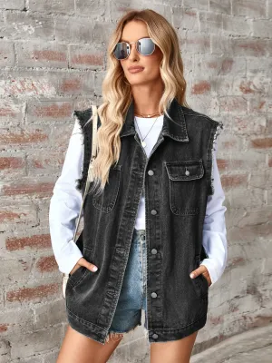 Women's Sleeveless Denim Jacket with Raw Hem and Button Up Closure | Stylish and Comfortable