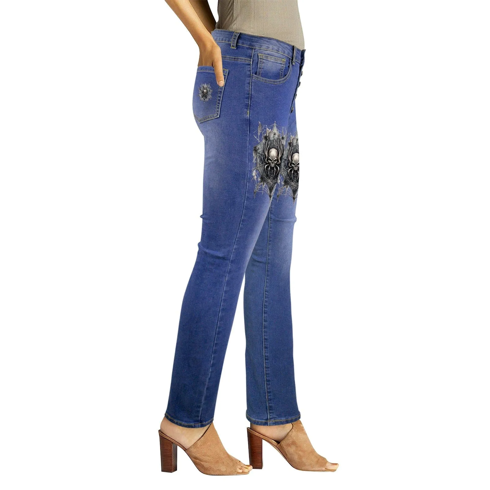 Women's Spider Skull Button Closure Jeans