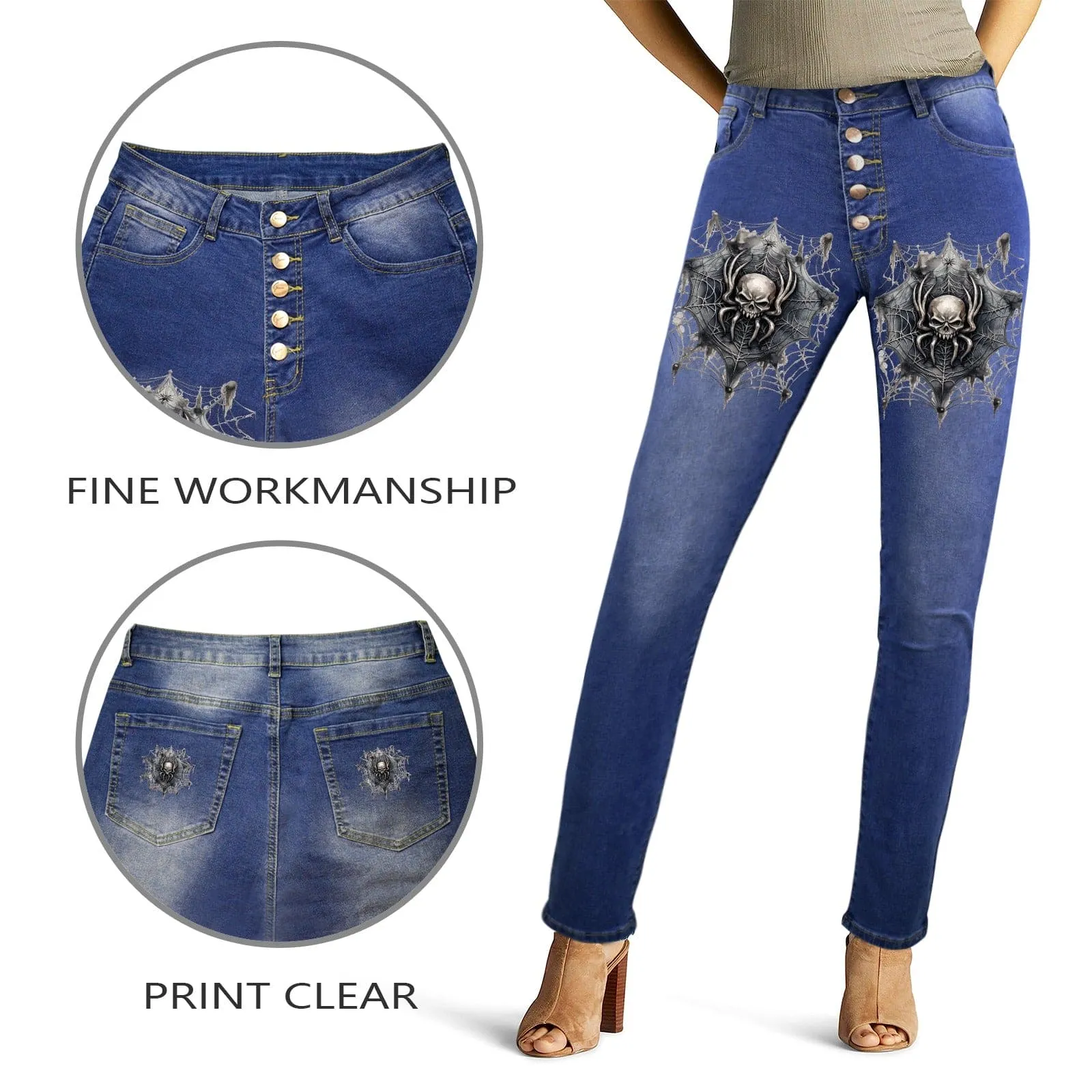 Women's Spider Skull Button Closure Jeans