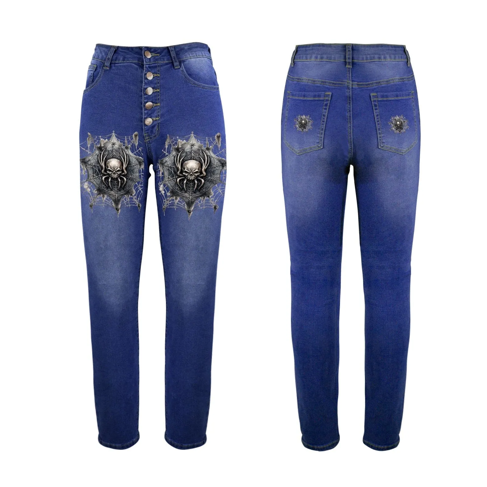 Women's Spider Skull Button Closure Jeans