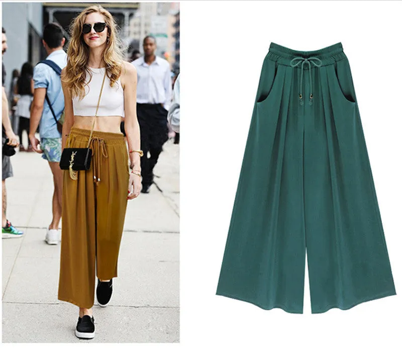 Women's Summer Harem Pants Casual Loose Cotton Blended Pleated Pockets Solid Elastic Waist Wide Leg Pants Plus Size