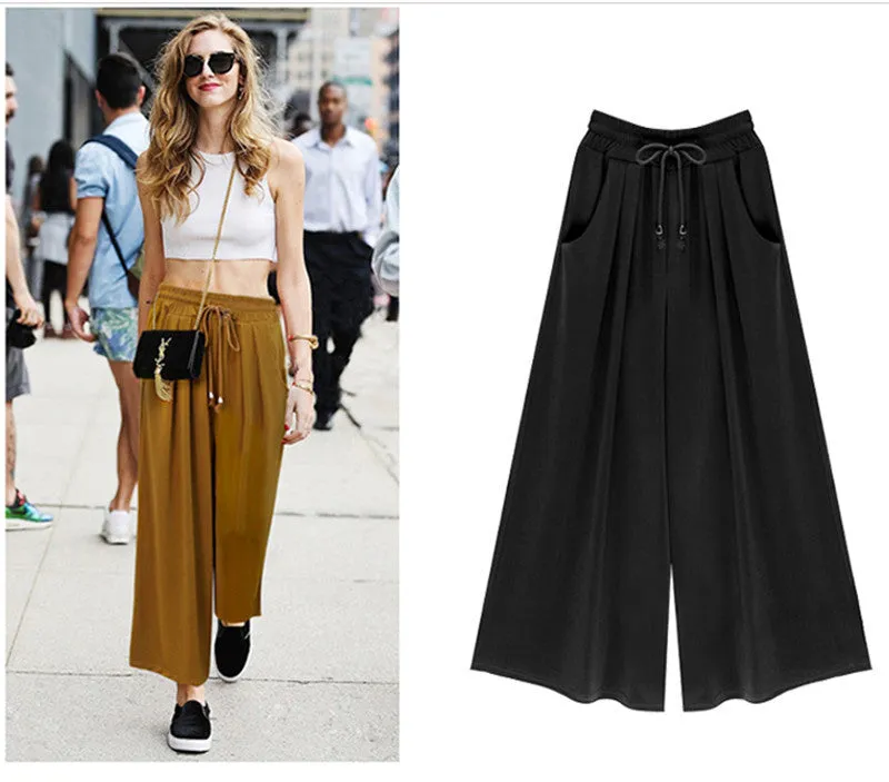 Women's Summer Harem Pants Casual Loose Cotton Blended Pleated Pockets Solid Elastic Waist Wide Leg Pants Plus Size