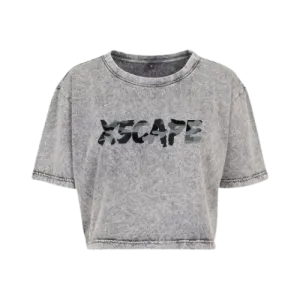 X5CAPE Women's Grey Acid Wash Cropped T-Shirt