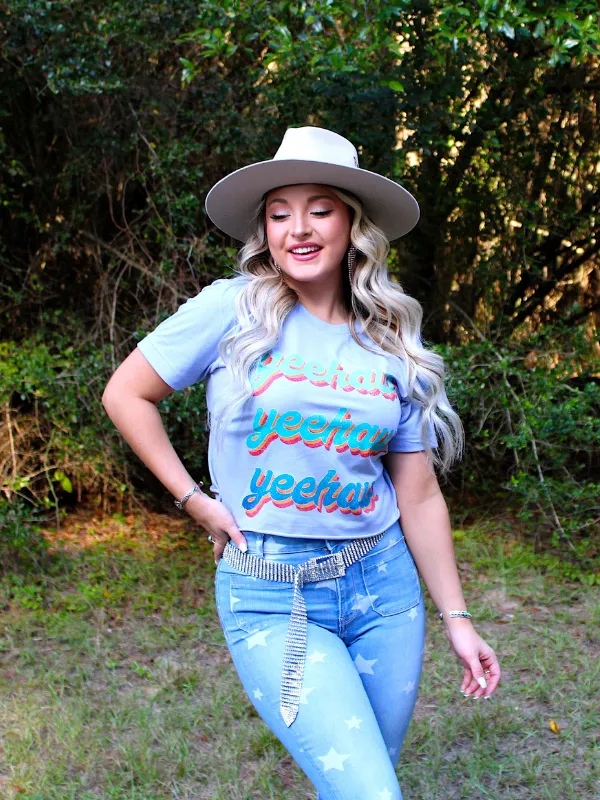 Yeehaw X3 Crop T-Shirt, Heather Blue
