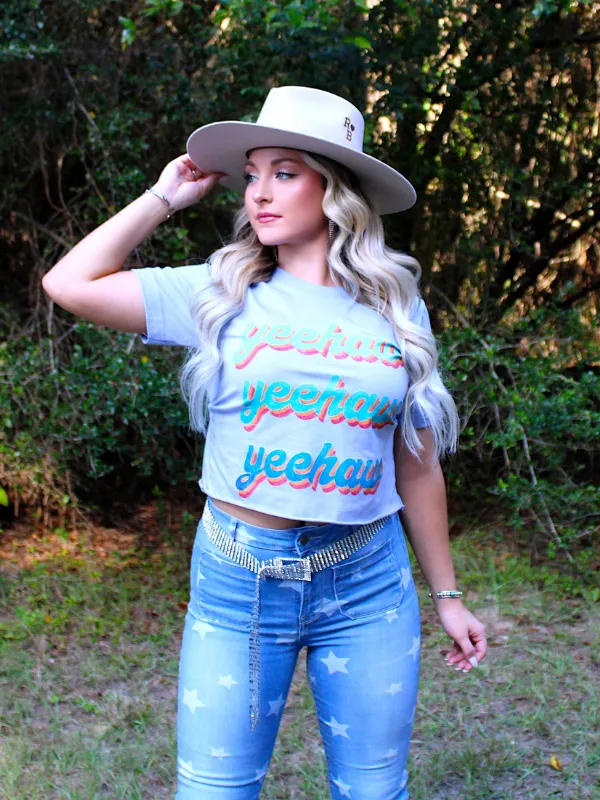 Yeehaw X3 Crop T-Shirt, Heather Blue