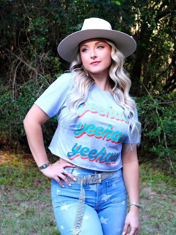 Yeehaw X3 Crop T-Shirt, Heather Blue