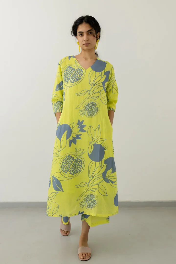 Yellow Grey Pomegranate Print Kurta and Pants set