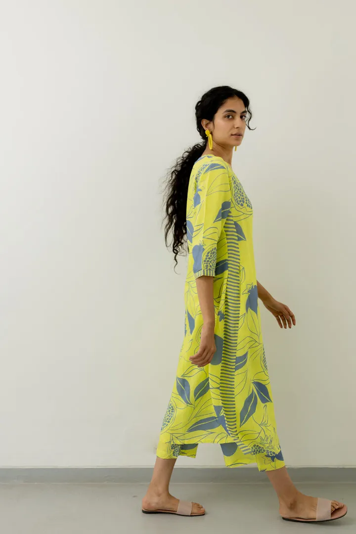 Yellow Grey Pomegranate Print Kurta and Pants set