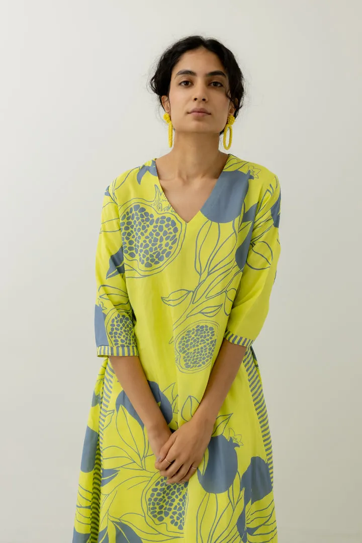Yellow Grey Pomegranate Print Kurta and Pants set