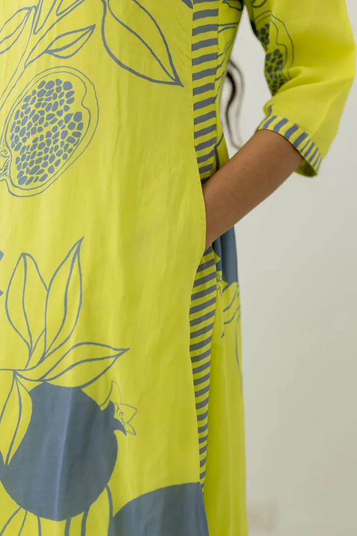 Yellow Grey Pomegranate Print Kurta and Pants set