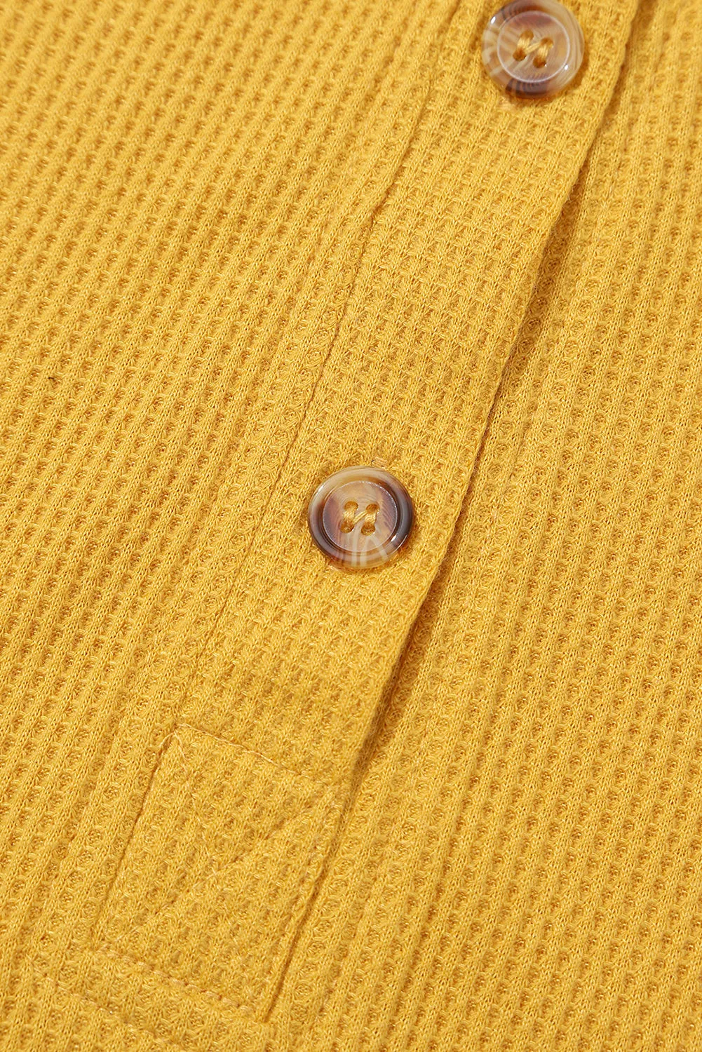 Yellow Waffle Knit Plaid Patchwork Pocketed Henley Hoodie