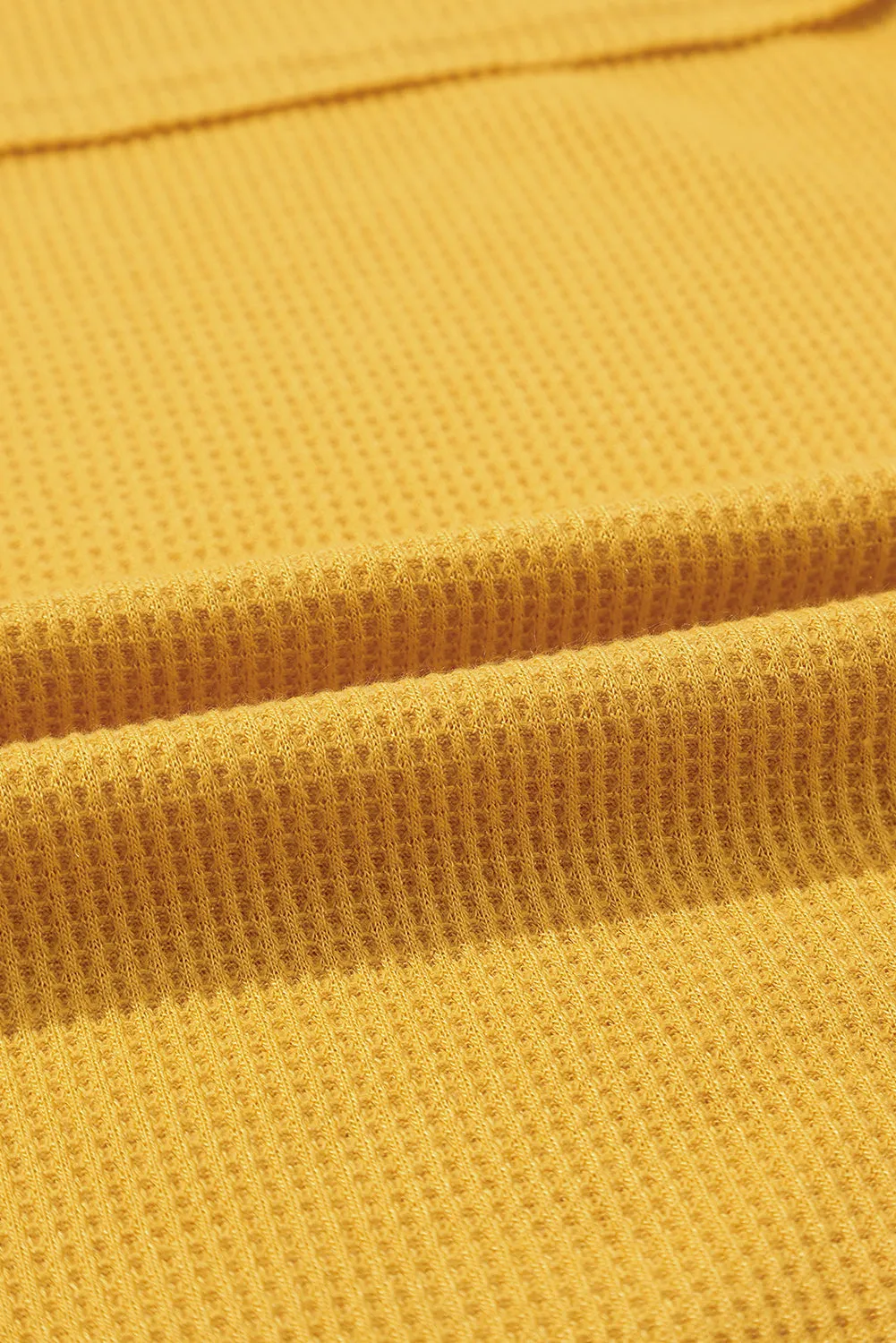 Yellow Waffle Knit Plaid Patchwork Pocketed Henley Hoodie